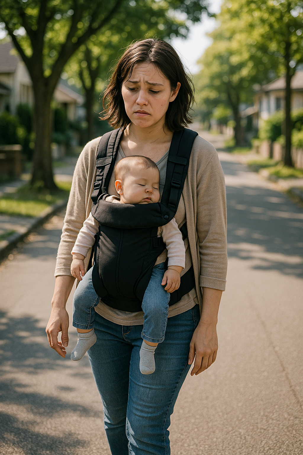 抱っこで肩や背中がつらそうな様子のイメージ