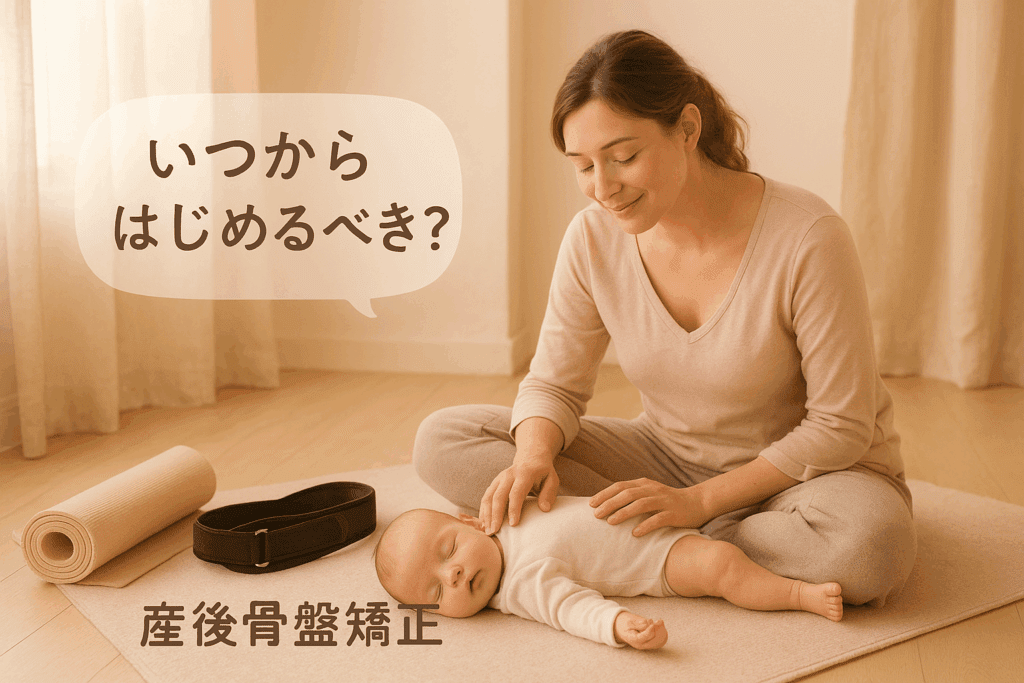 赤ちゃんのお世話をしながら、ママが産後の骨盤矯正はいつからやろうかなと考えてる画像